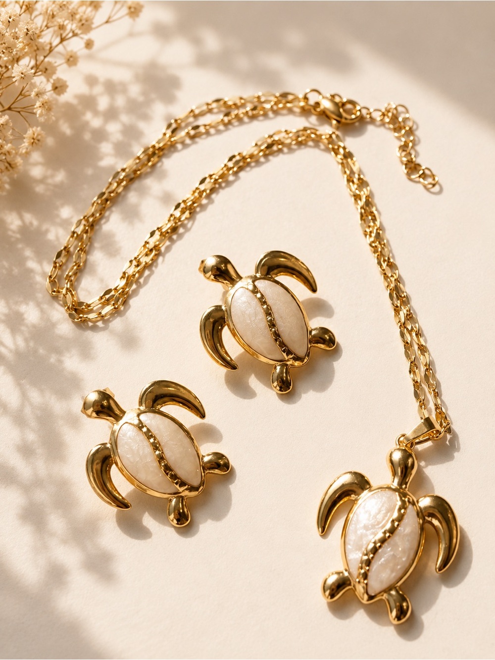 Gold Plated Turtle Pendant Necklace and Earring Set with White Shell